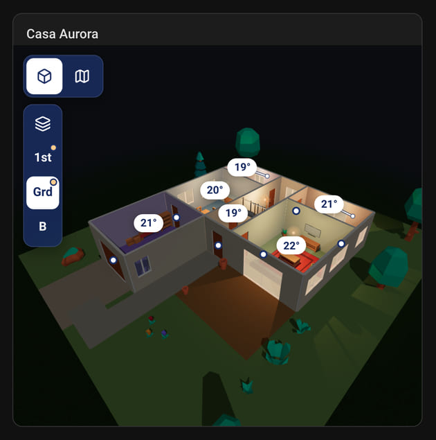 Una tarjeta de Home Assistant con Casa Aurora en 3D de noche, algunas habitaciones iluminadas y la temperatura de cada habitación.